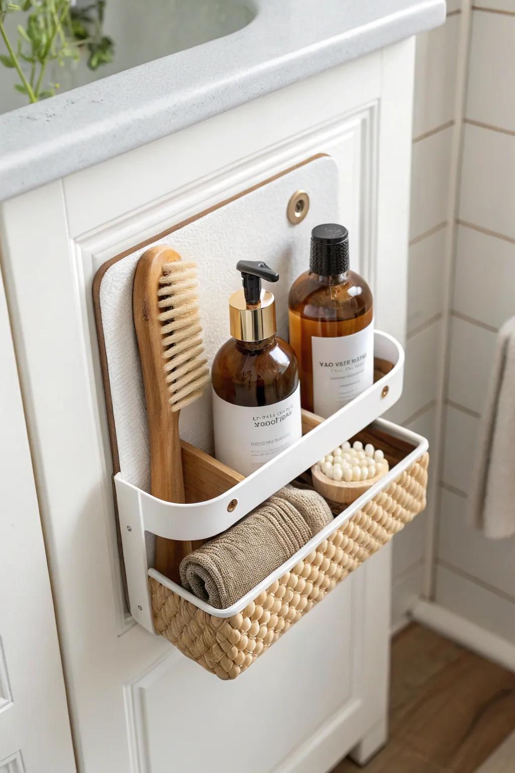 A slim inside-door caddy turns wasted cabinet space into a chic, hidden hair organizer.