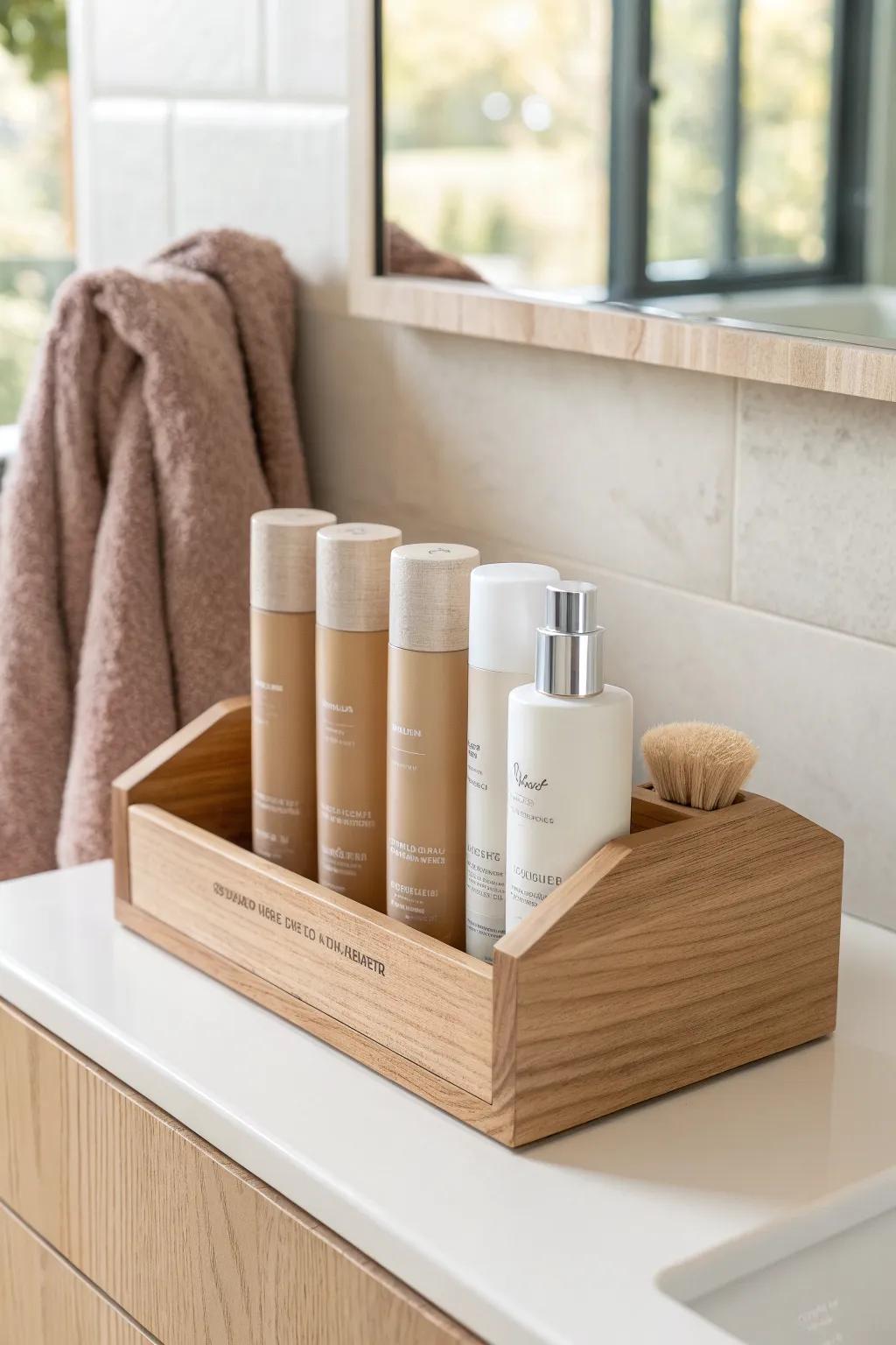 A simple file holder keeps tall sprays and mousses upright, visible, and beautifully tidy.