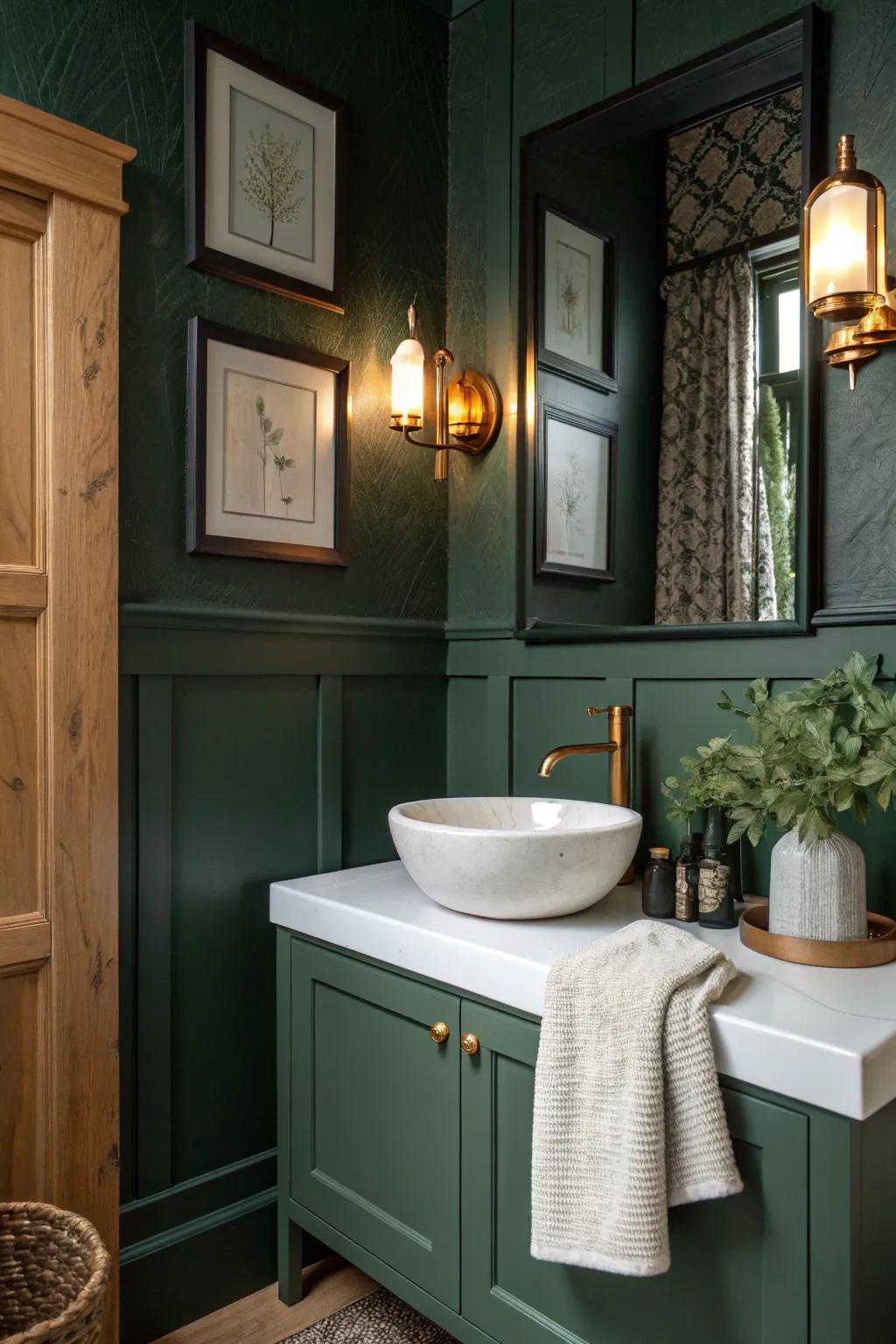 Color-drench your half bath: one deep shade + simple accessories for a luxe, moody vibe.