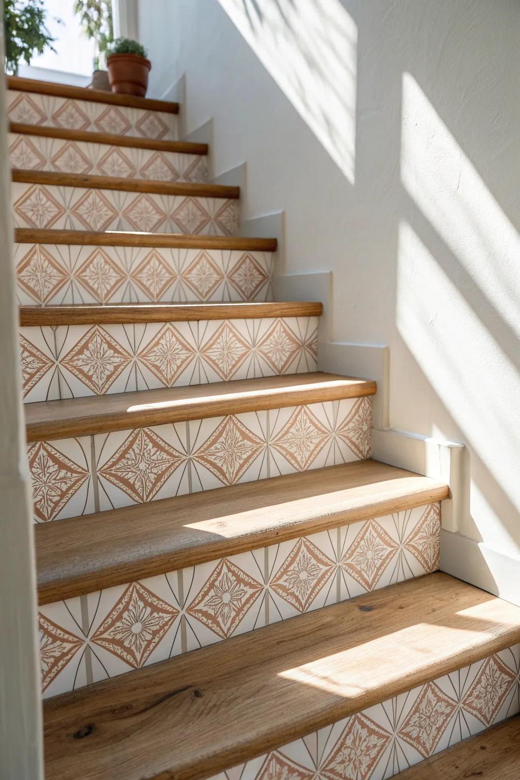 Peel-and-stick wallpaper on stair risers adds pattern fast—renter-friendly and chic.