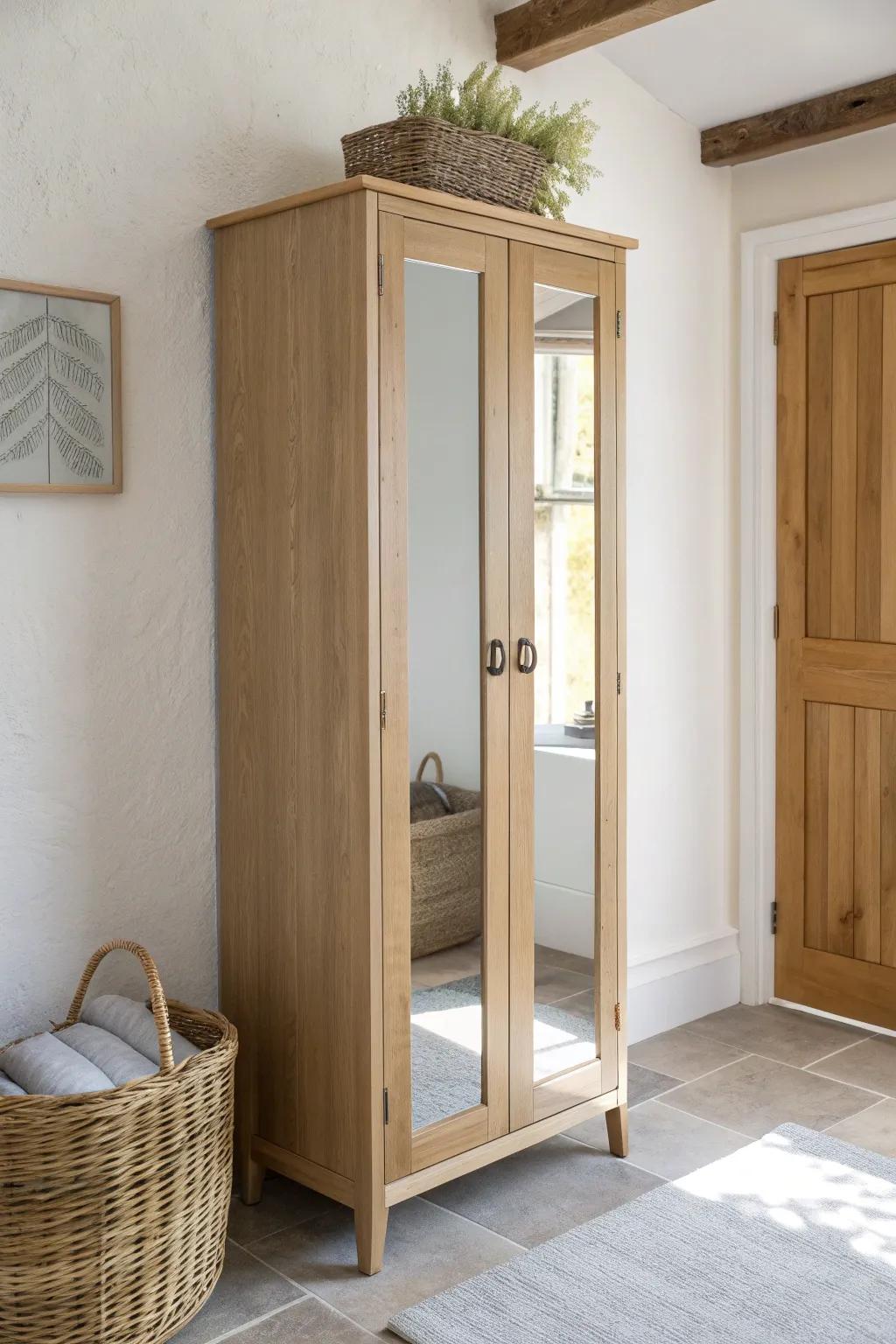 Mirror-front hallway cabinet: doubles light, checks outfits, hides clutter in style.