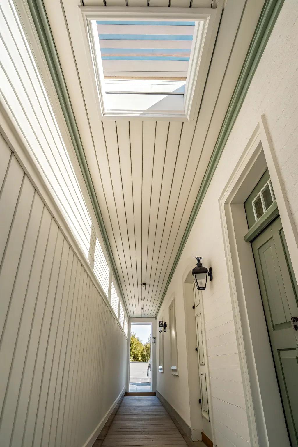 Soft ceiling stripes elongate a narrow hall—minimal contrast, maximum Scandinavian calm.