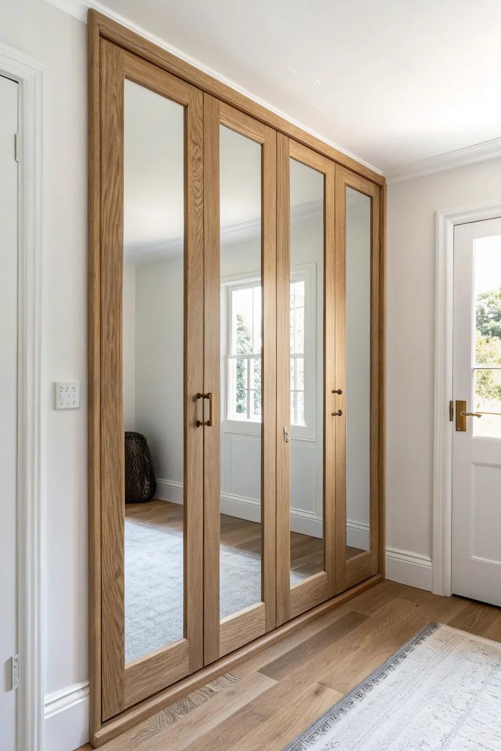 Mirrored panel closet doors bounce light and visually double a narrow hallway.
