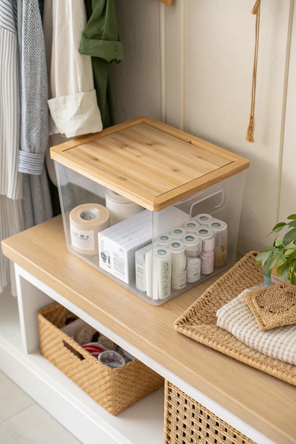Clear bins make hallway-closet backstock visible—find bulbs, batteries, and tape fast.