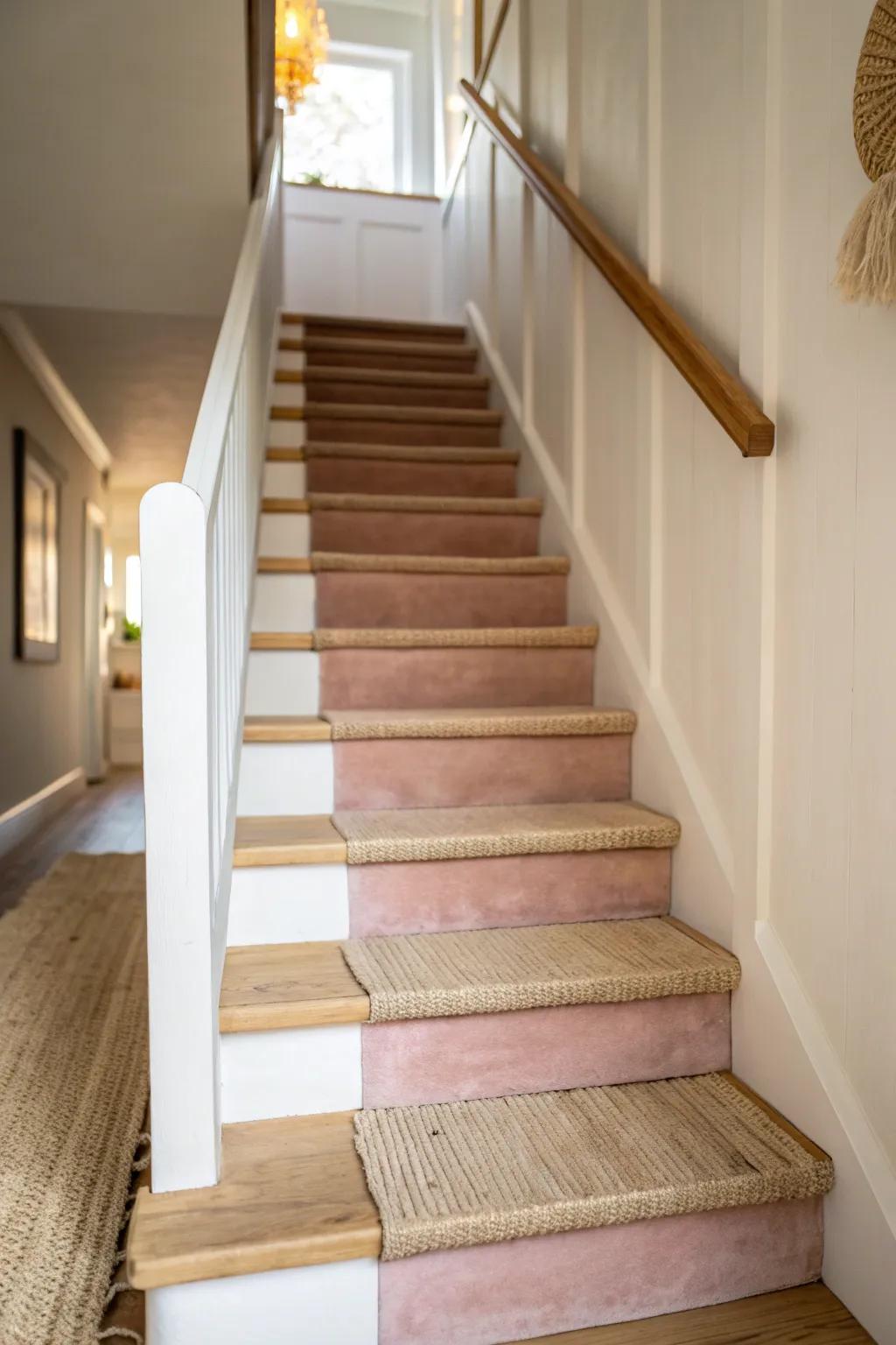 Muted blush stair risers add a subtle color pop while keeping the hallway light and calm.