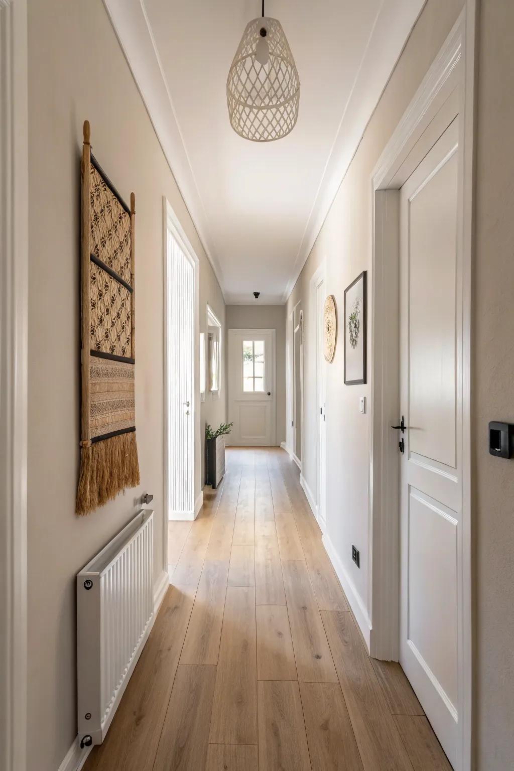A single bold statement artwork at the end wall makes a long hallway feel intentional.