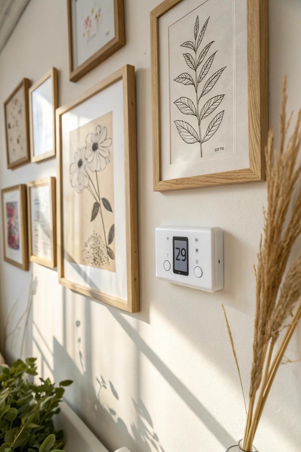 Turn a thermostat into a focal point—camouflage it with frames in a soft Scandinavian gallery wall.