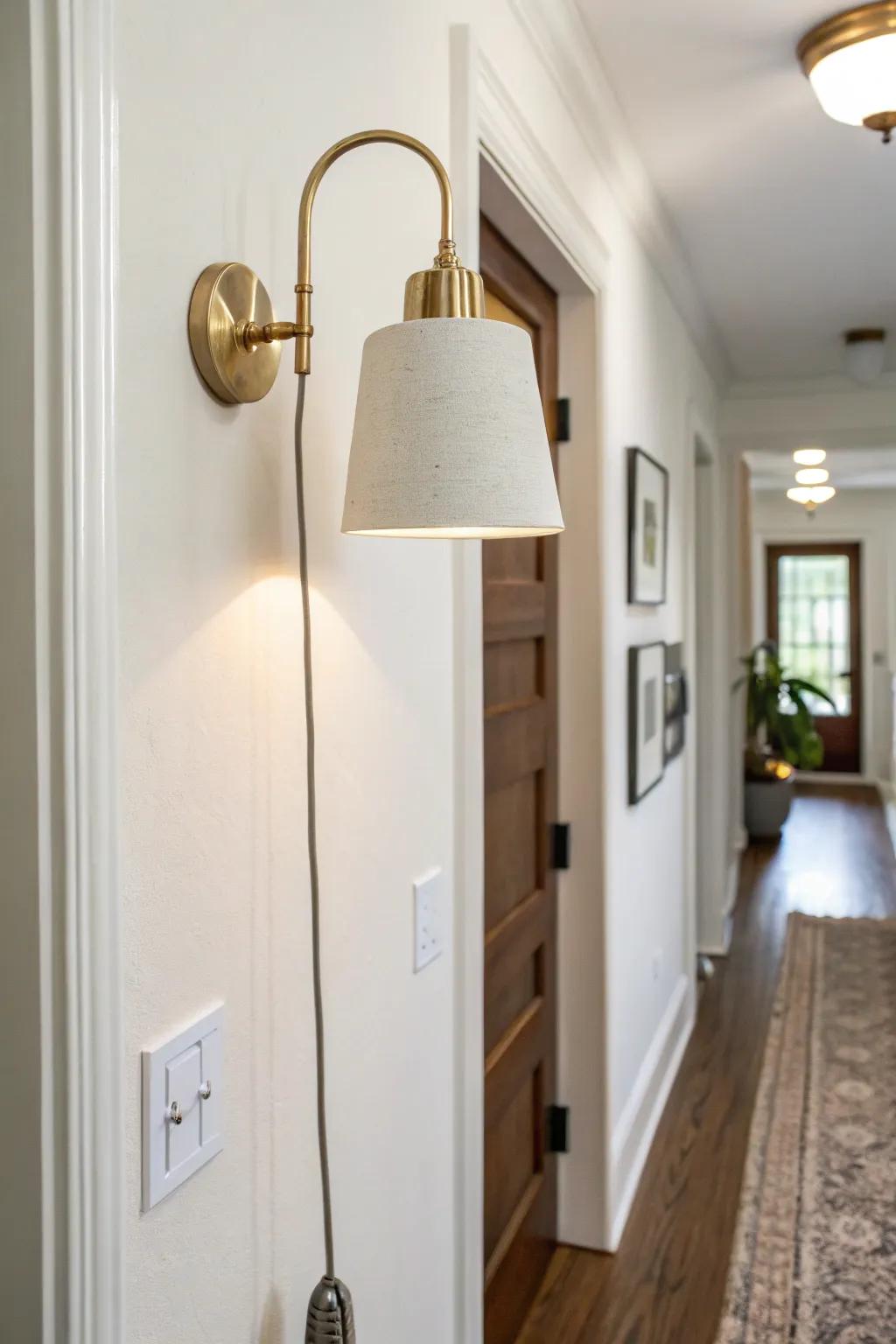 Renter-friendly plug-in sconce: built-in hallway glow without wiring, cord neatly tucked.