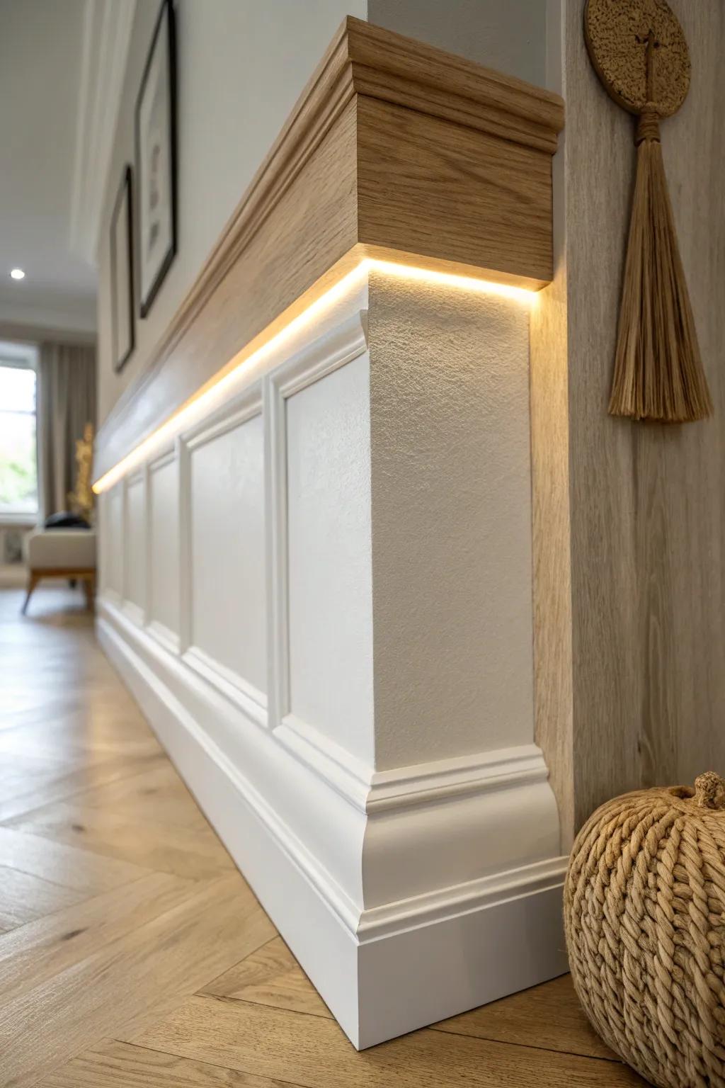 Hidden LED strip along crown molding creates a soft floating glow—sleek, bright, and subtle.