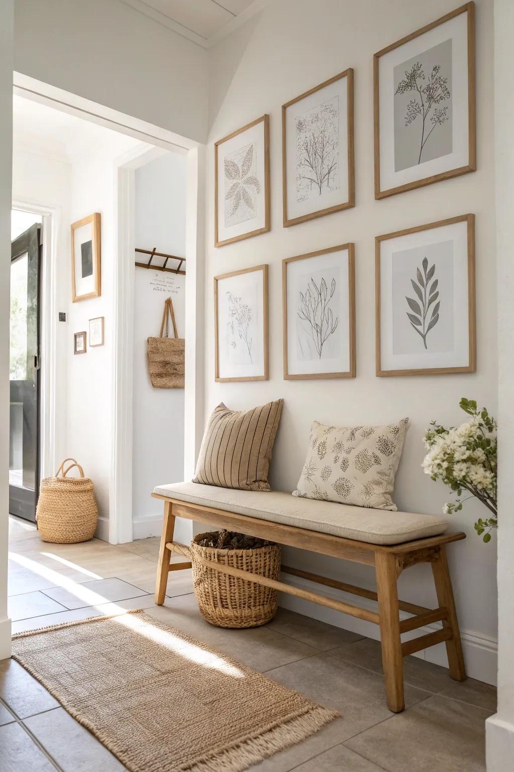 Turn that hallway pause into a cozy gallery moment—simple frames, warm wood, big impact.