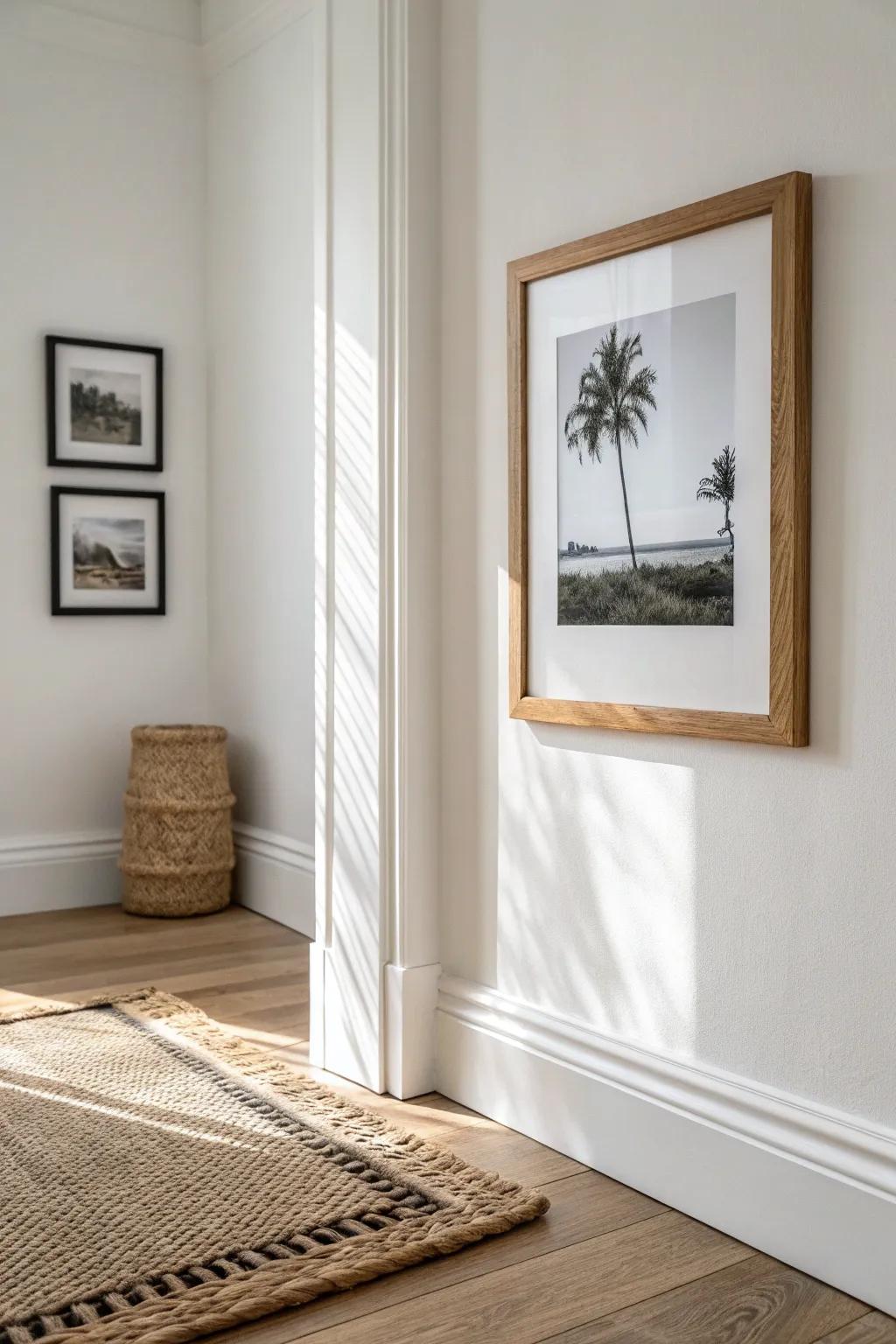 Corner-wrap frame styling: one oak frame bridging the turn for a custom, gallery flow.