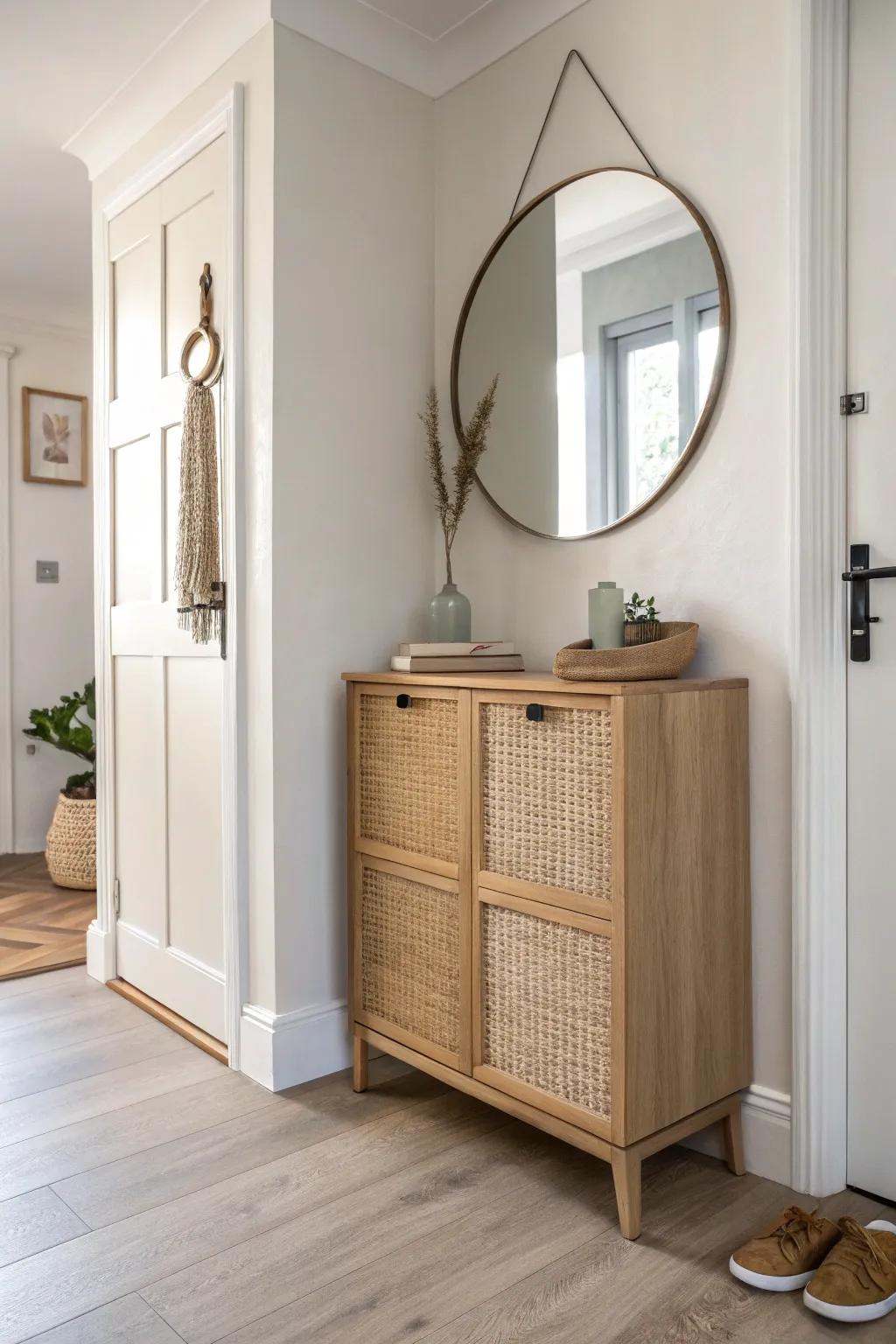 A round mirror above a slim shoe cabinet reflects light and makes a narrow hall feel wider.