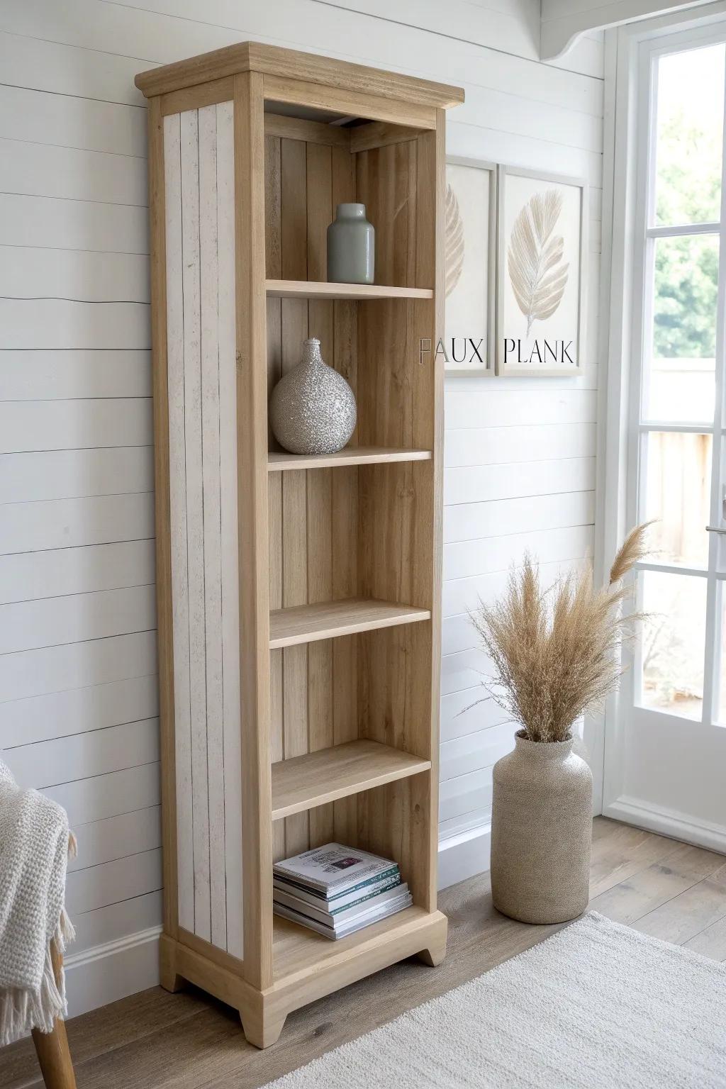 Cozy faux-plank backing: two soft paint tones add texture to a small-space bookcase.
