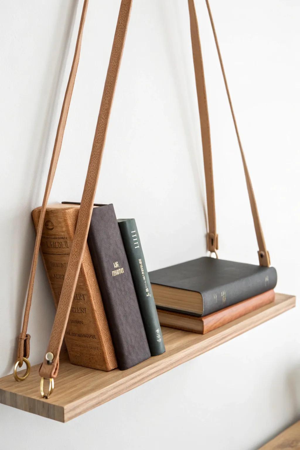 A gravity-defying under-shelf book display—warm oak + leather, perfect for small-space walls.