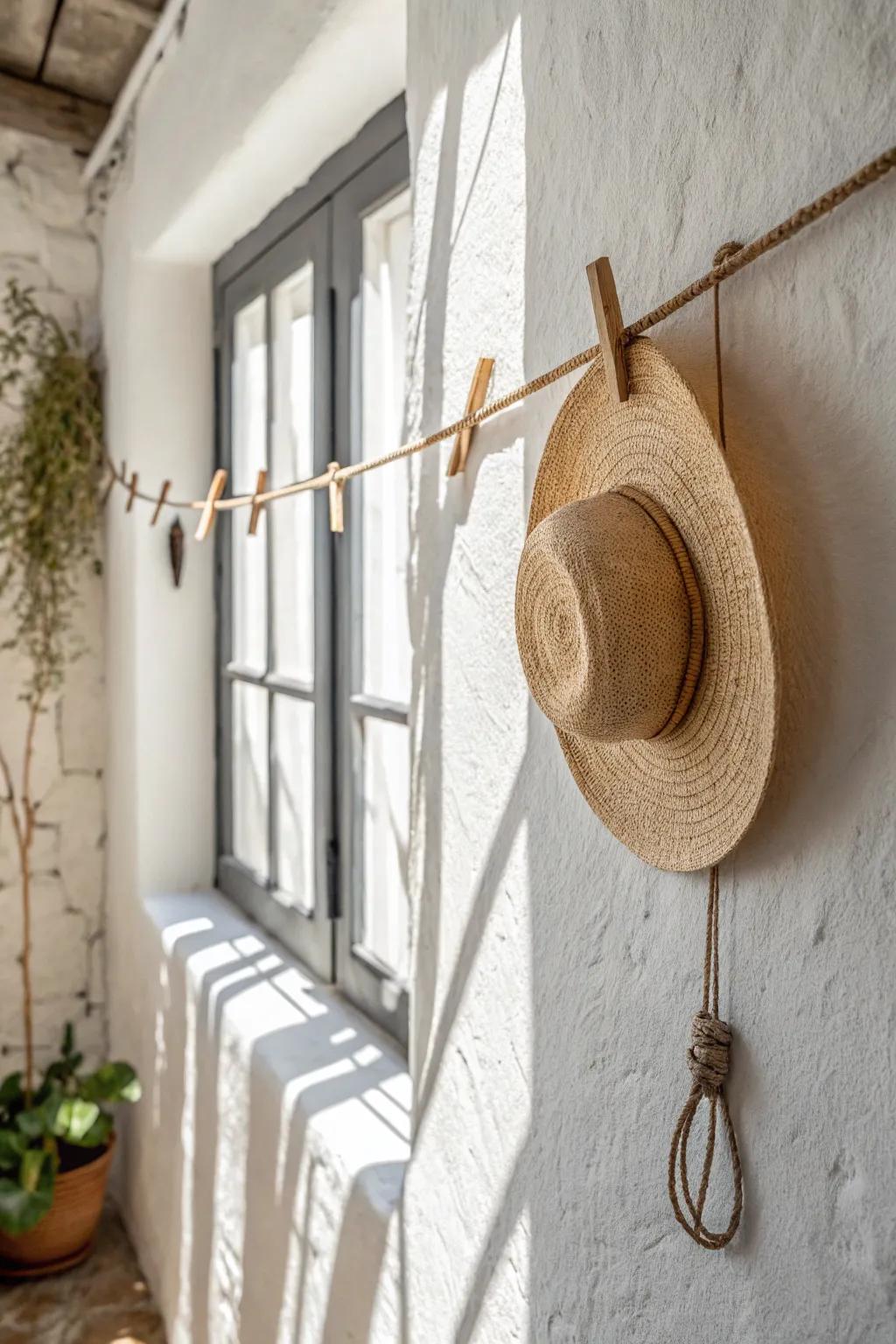 A simple rope line + brass clip turns one floppy hat into effortless wall art.