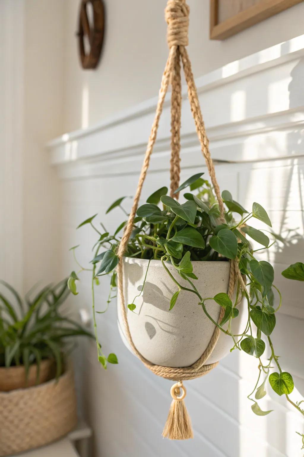 No-drill plant gallery: a single hanging planter on a picture rail—easy to swap seasonally.