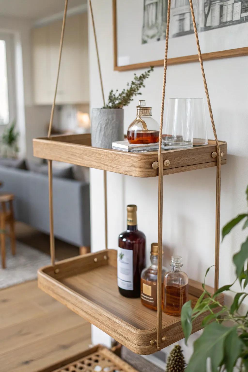 Ceiling-hung oak shelf above a rolling bar cart—airy storage for small-space living rooms.