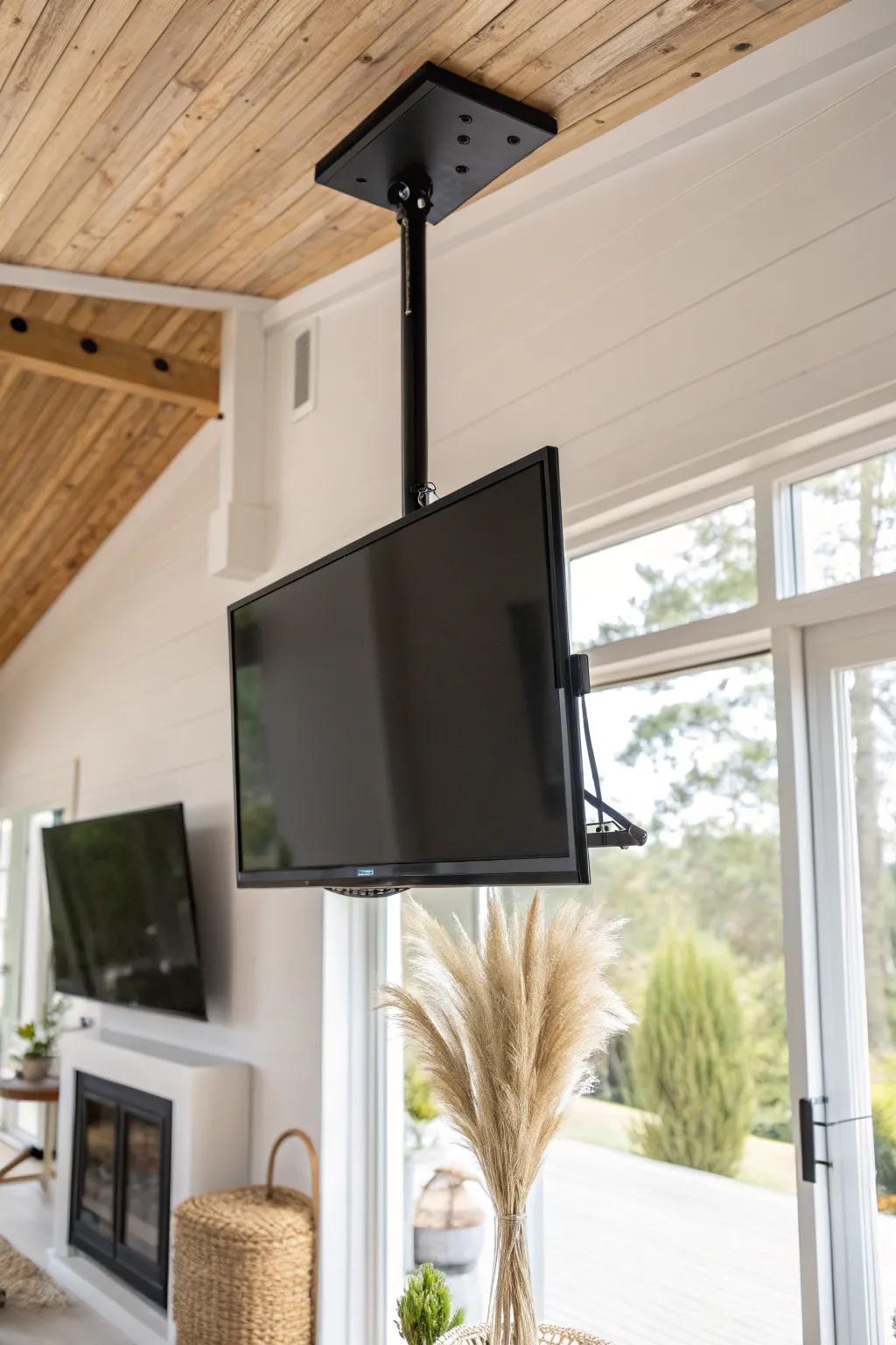 A ceiling-mounted TV that pivots effortlessly—perfect for open layouts with glass and doorways.