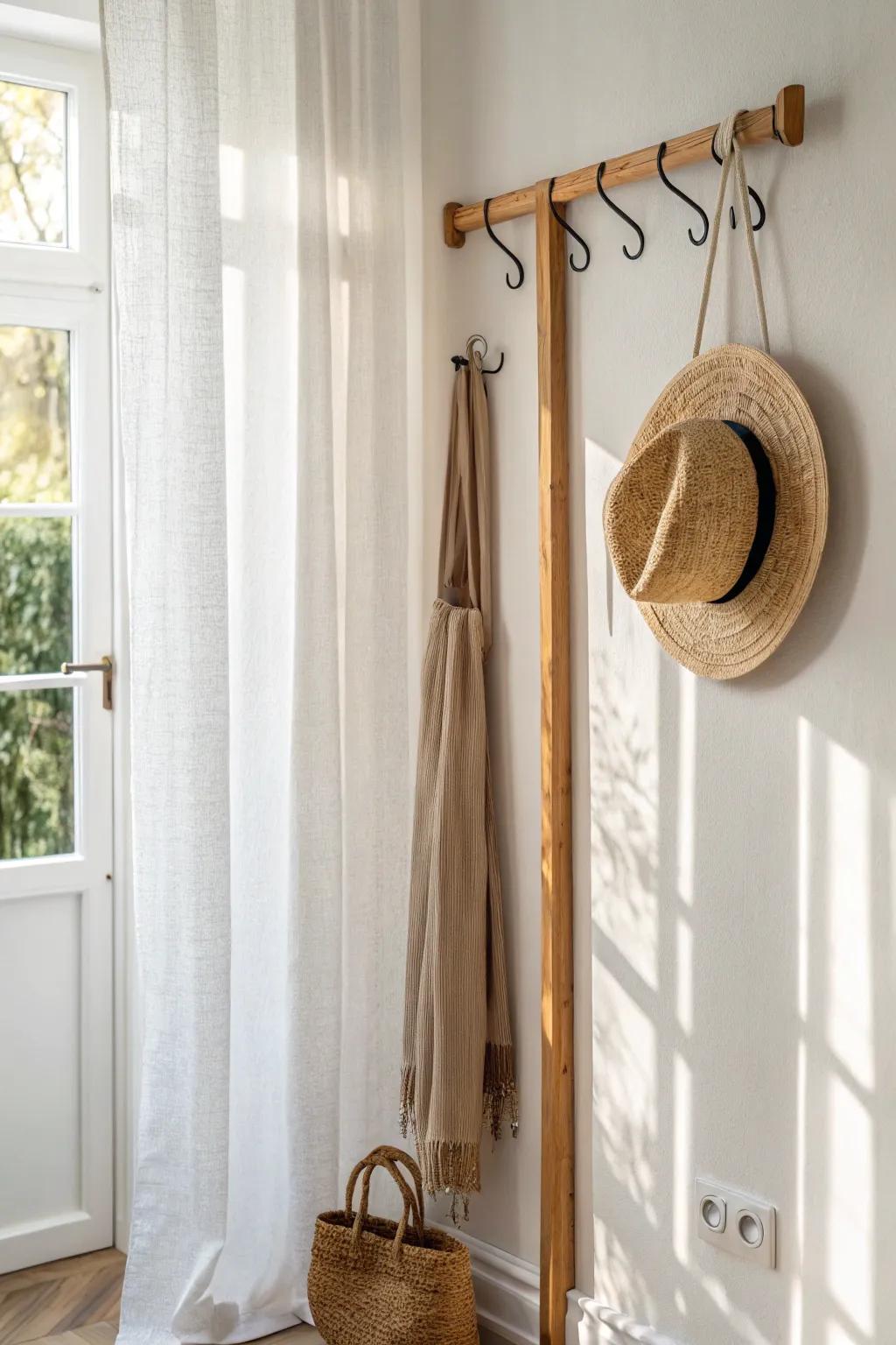 A slim rod + brass curtain clip keeps one favorite hat visible without using shelf space.