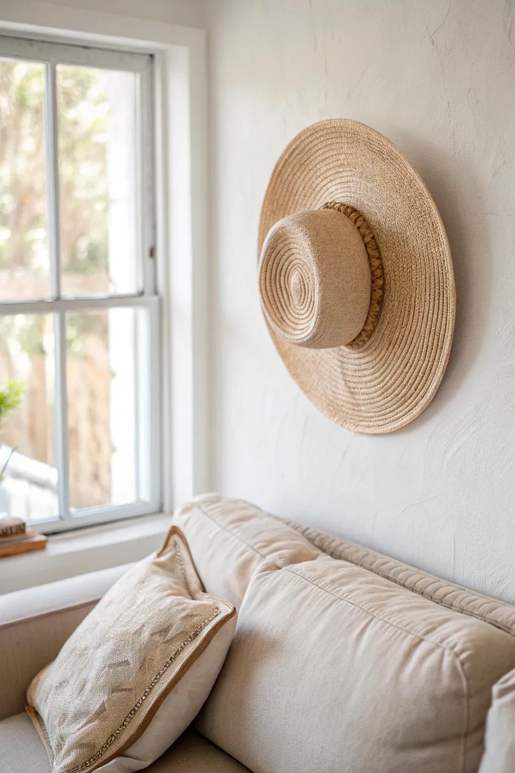 Turn one neutral straw hat into soft, sculptural wall art above the sofa.
