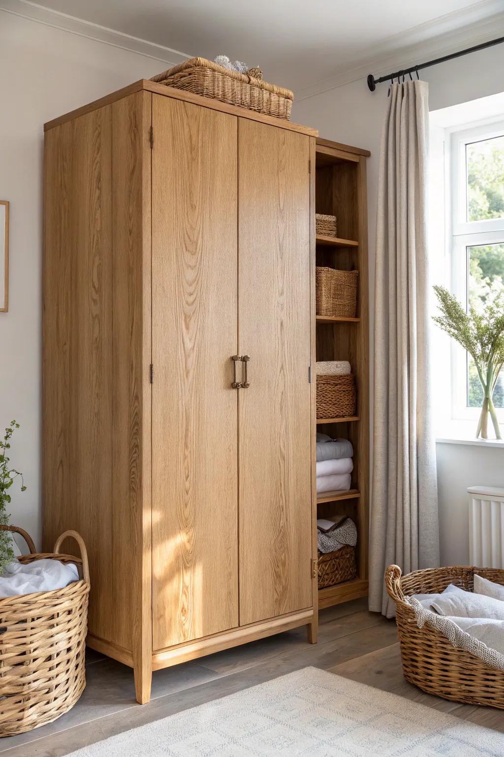 A wardrobe room divider creates a cozy sleep zone—and hides storage in plain sight.