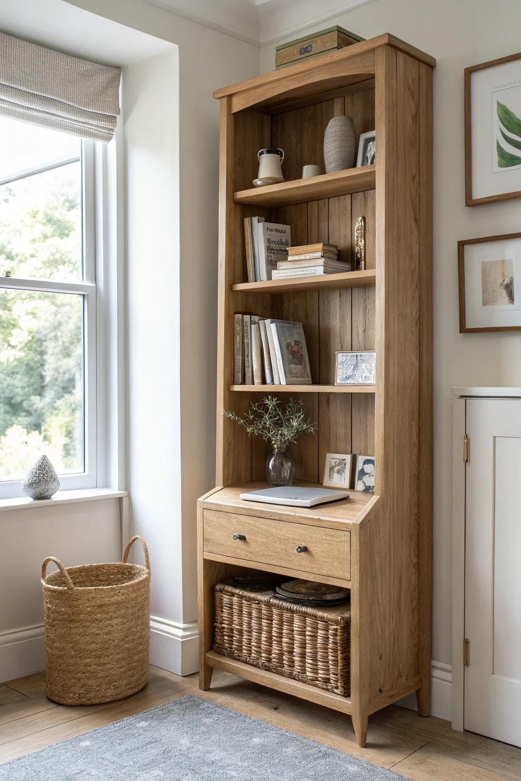 A cozy bookcase that hides a secret center desk bay—minimal, feminine, and small-space perfect.