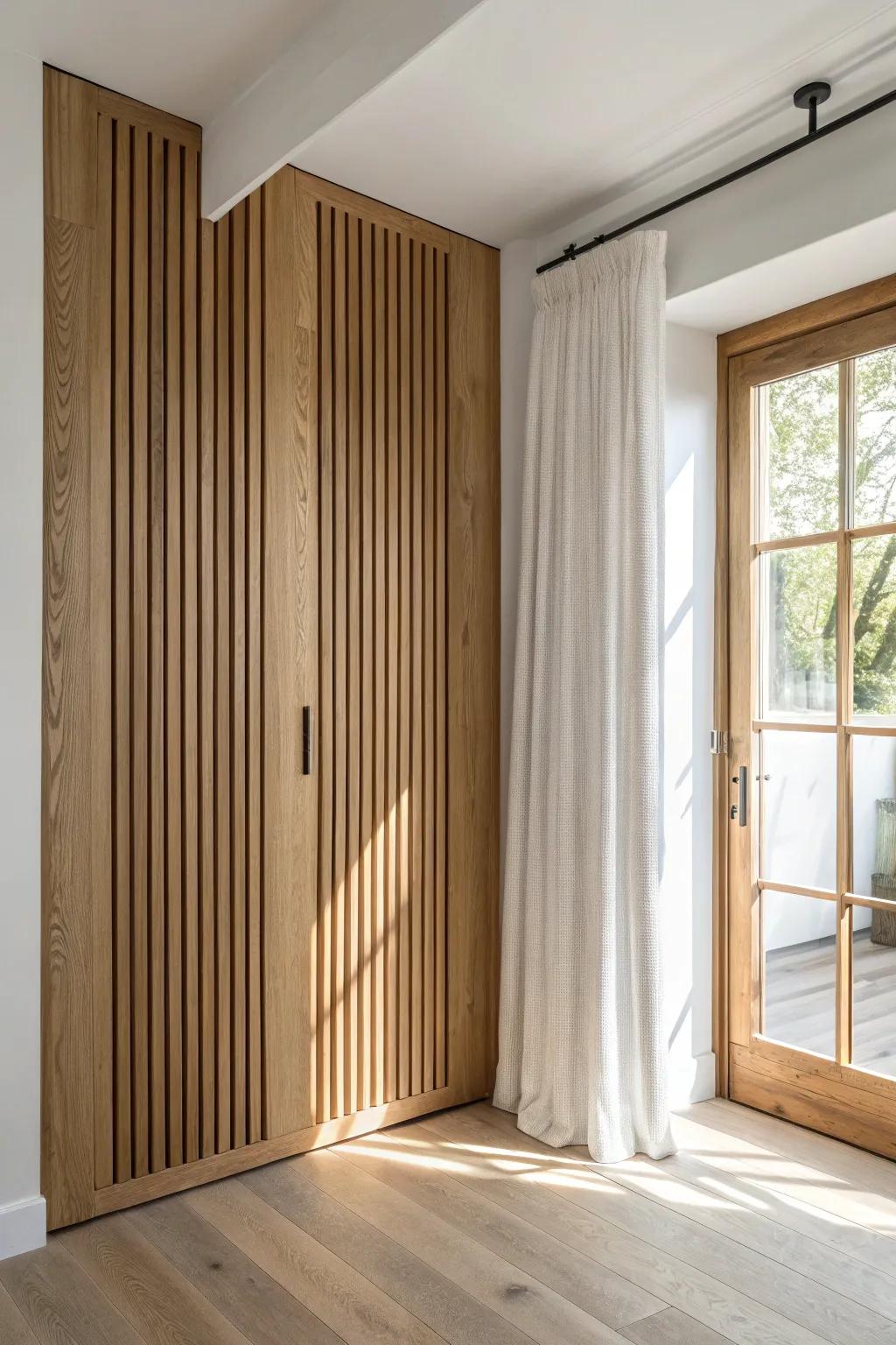 Seamless oak slat divider with a hidden door—perfect for a mini office in a small studio.
