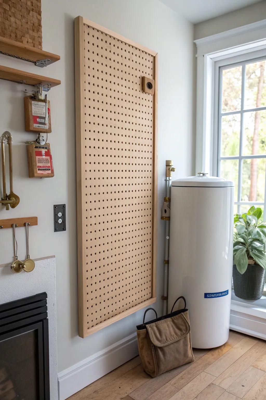 A birch pegboard front makes a heater enclosure disappear—while adding stylish tool storage.