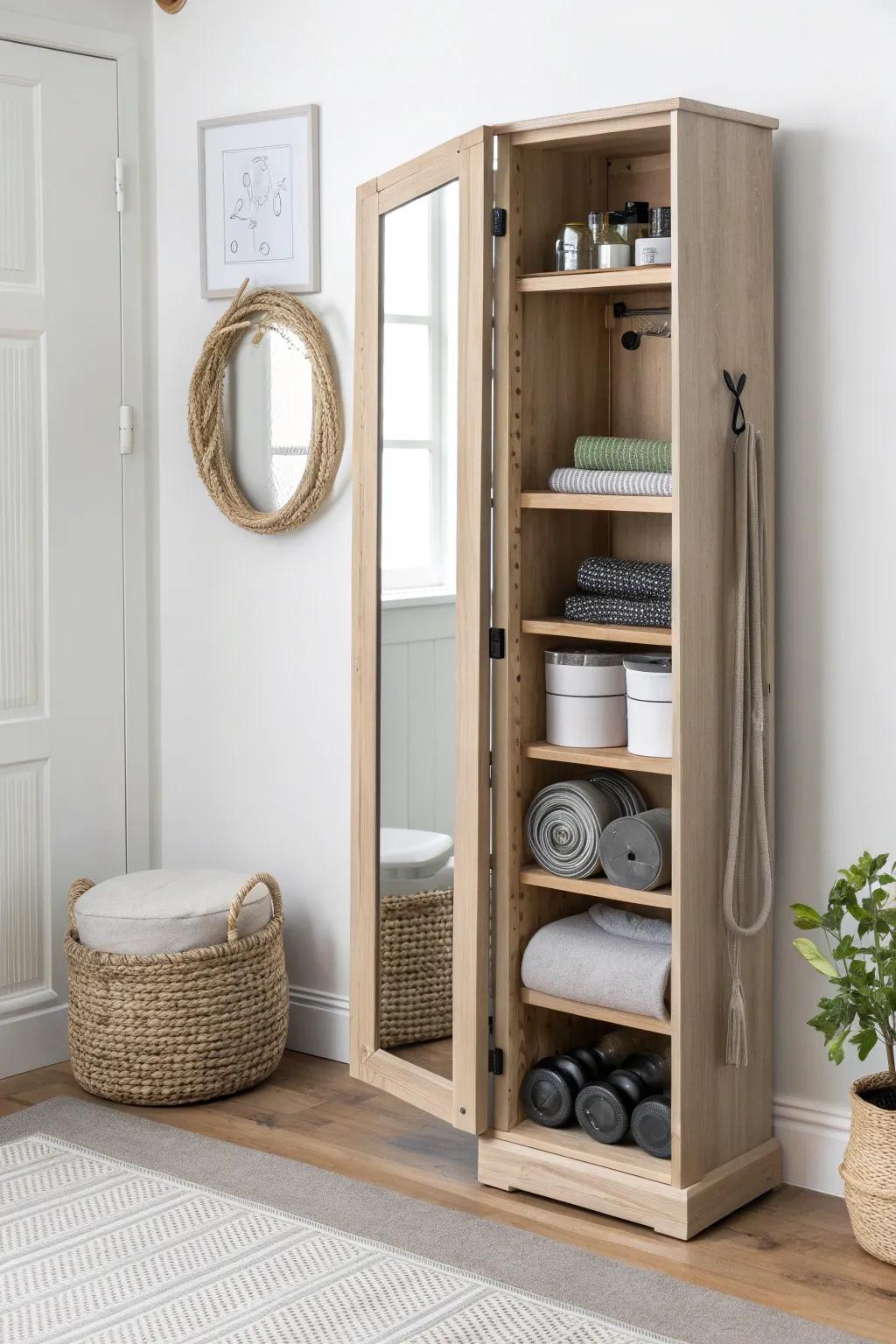 A slim mirror that hides gym essentials—sleek, calm, and clutter-free in small spaces.