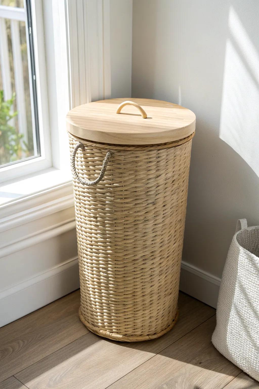 A simple woven hamper keeps laundry supplies corralled—clean, calm, and small-space friendly.