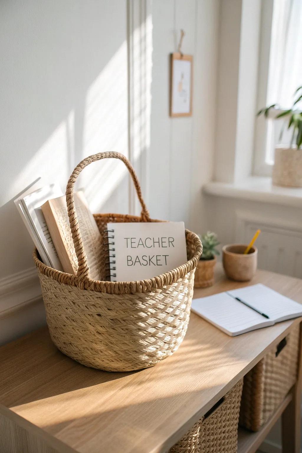 A portable teacher basket keeps homeschool essentials tidy—teach anywhere in a small space.