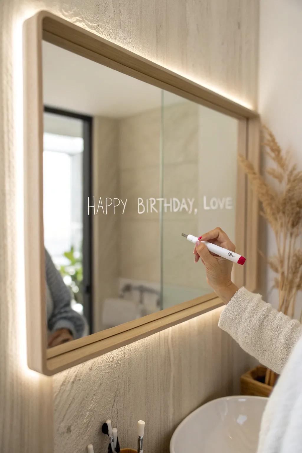 A sweet birthday note on the mirror—personal, space-saving, and wipes off clean.