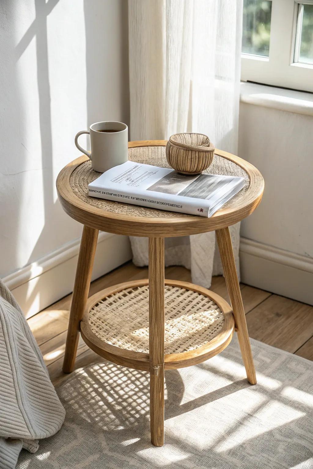 A cozy sunroom reading corner starts with a side table—perfect for your book and warm mug.