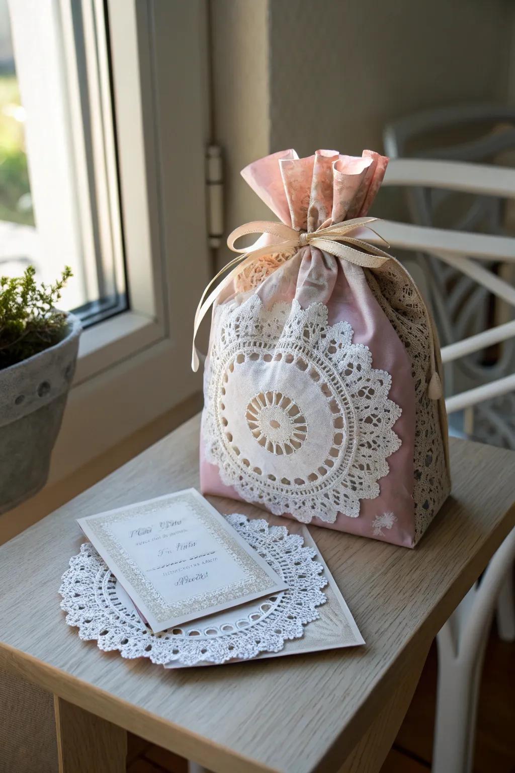 Elevate your gift wrapping with the timeless charm of lace and doilies. Perfect for adding a romantic touch to any occasion.