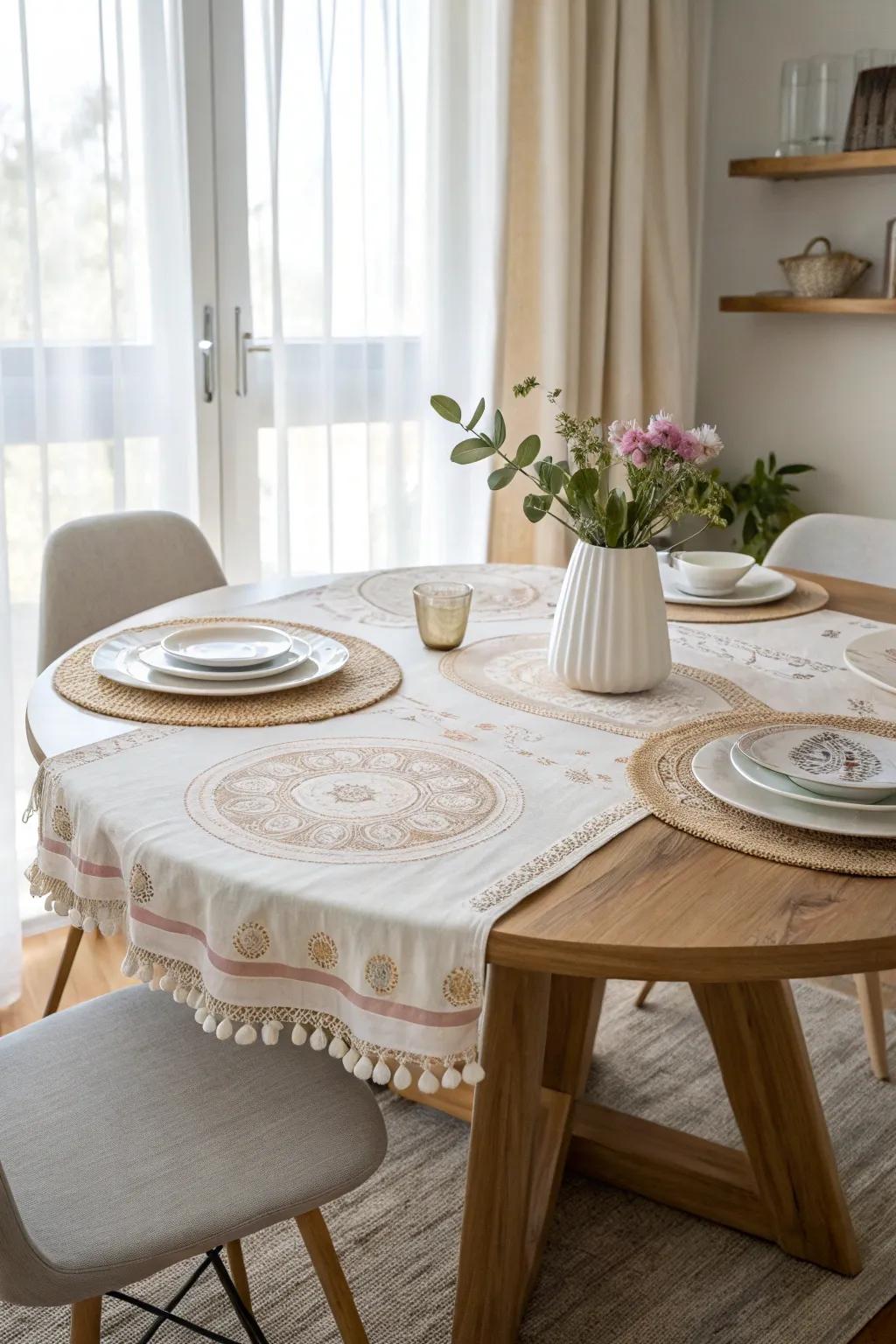 Elevate your dining experience with a fabric-adorned lazy Susan that ties your room together in style.
