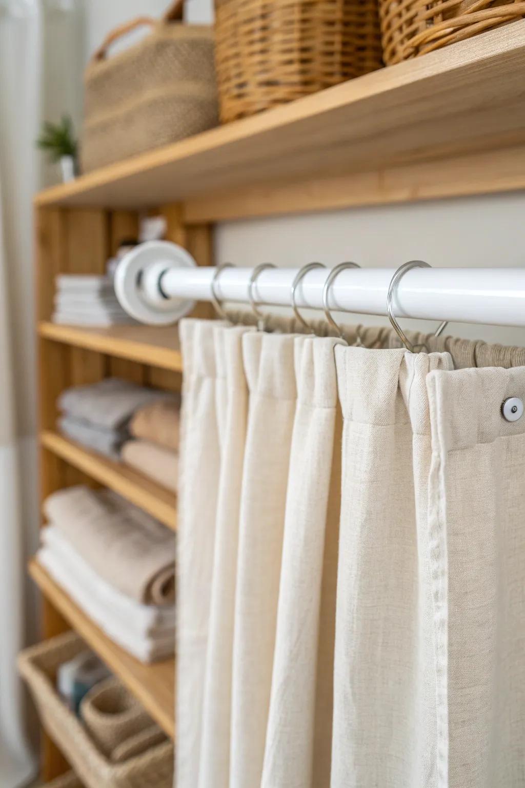 A simple tension rod keeps linens hanging smooth—freeing shelves and banishing wrinkles.