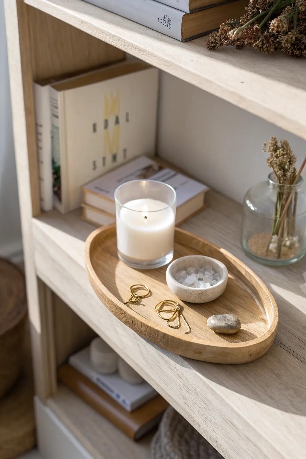 Corral tiny shelf items on one pretty tray for a calm, intentional bookcase moment.