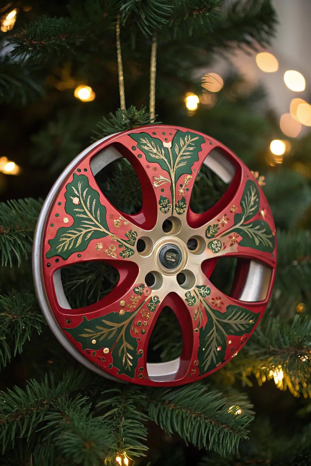 Crafted Elegance: Transform your tree with bold, festive hubcap ornaments.