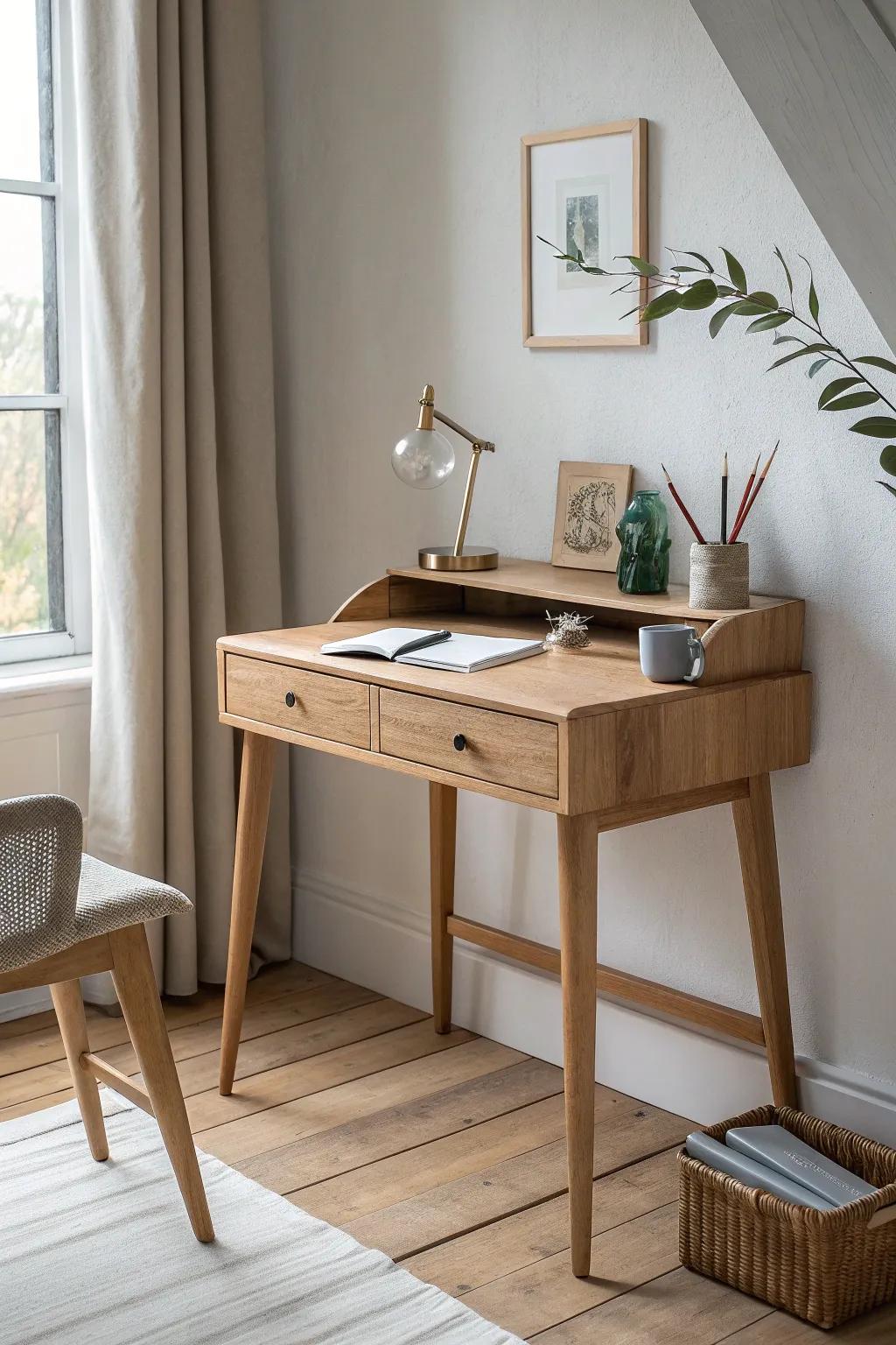Turn an awkward alcove into a calm work nook with a petite desk and warm natural textures.