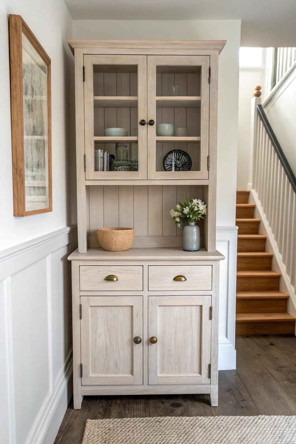 Old hutch turned entry drop zone—open shelves for daily items, baskets below to hide clutter.
