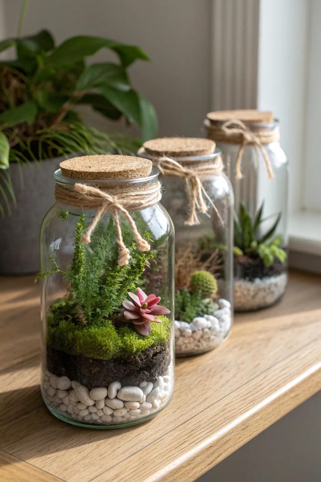A tidy cluster of glass-jar terrariums—tiny green worlds that thrive in small spaces.