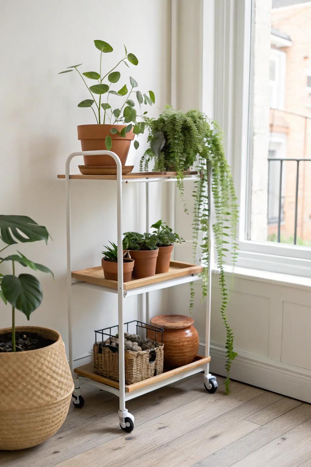 A slim rolling plant bar that follows the sun—perfect greenery for the tiniest apartment corners.