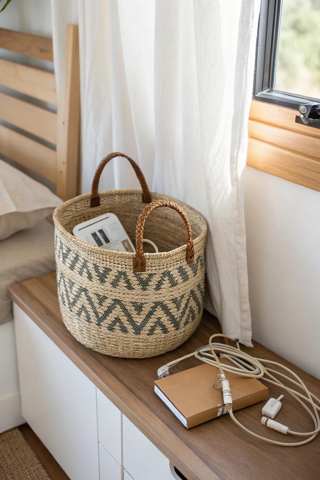 Woven basket storage keeps camper essentials tidy—warm texture, calm minimal style.