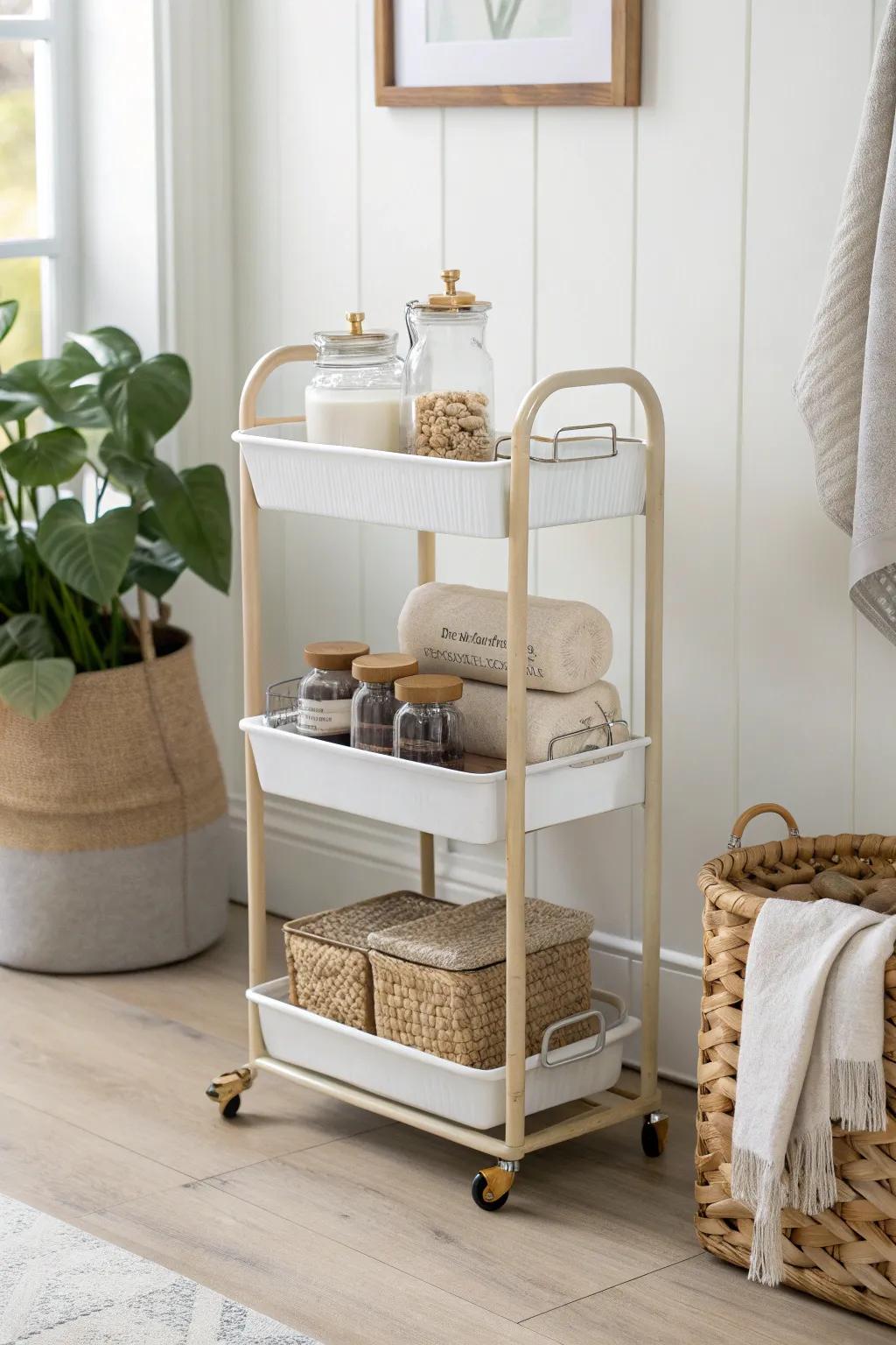 A slim rolling restock cart keeps inventory tidy—your mobile stockroom for small spaces.