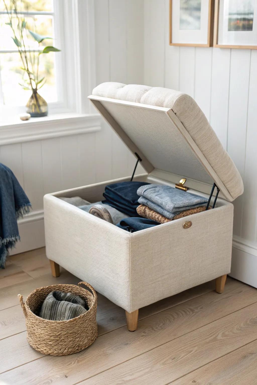 A chic storage ottoman keeps “maybe” jeans tucked away—extra seating and zero closet clutter.