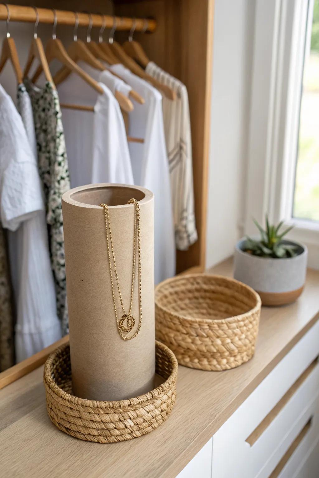 Oat container jewelry basket hack: upright necklace storage for tiny closets—simple and pretty.