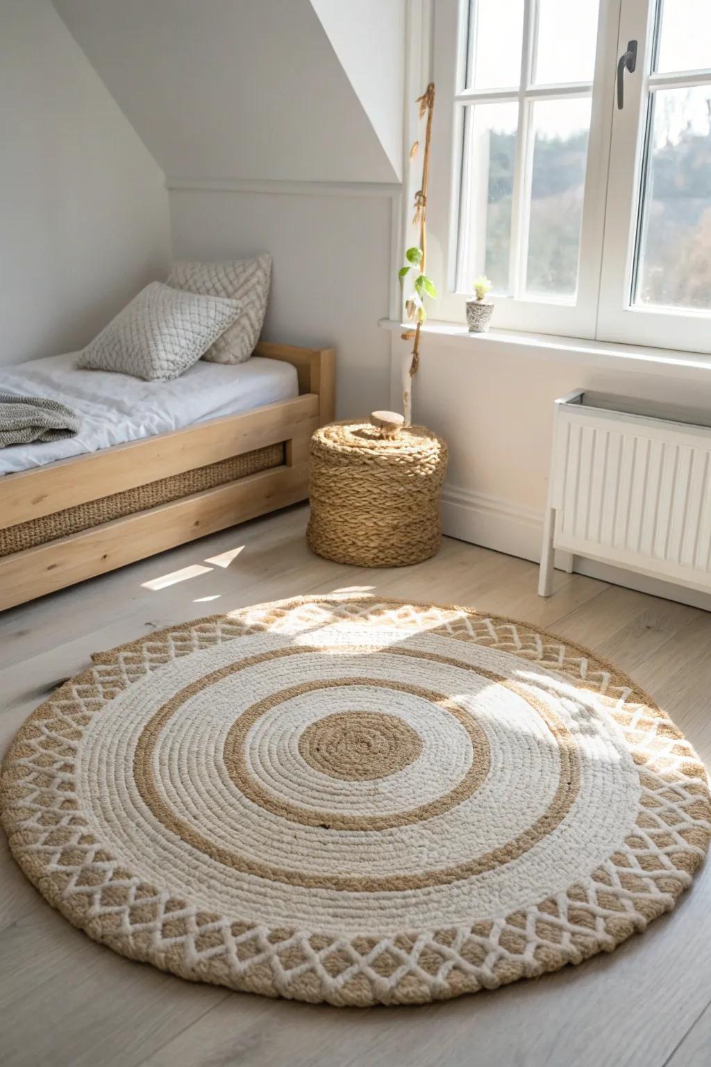 Center a soft round rug to create a clear play boundary—even in the tiniest kids’ room.