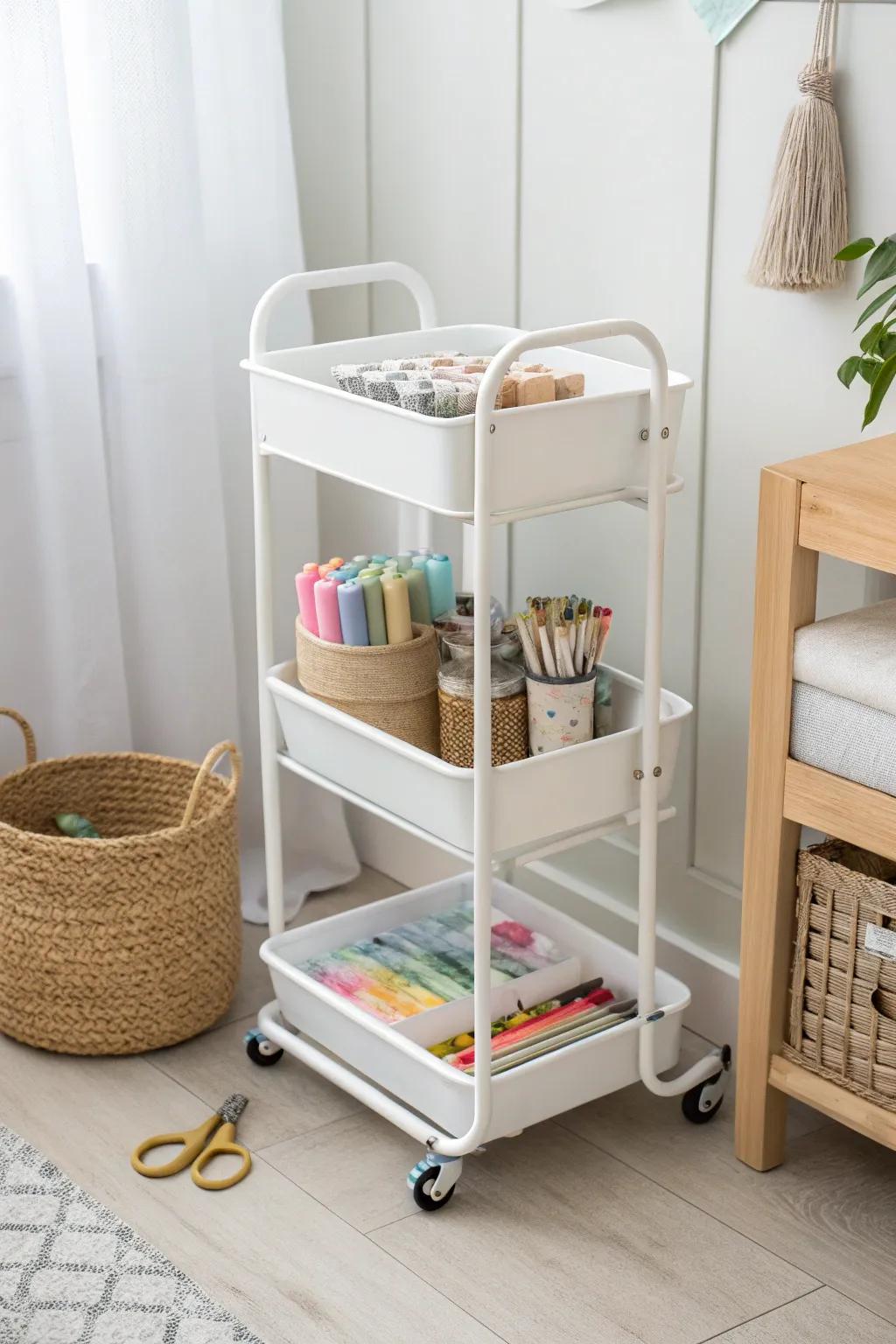 A rolling art cart keeps craft supplies tidy—wheel it to the desk, then tuck it away.
