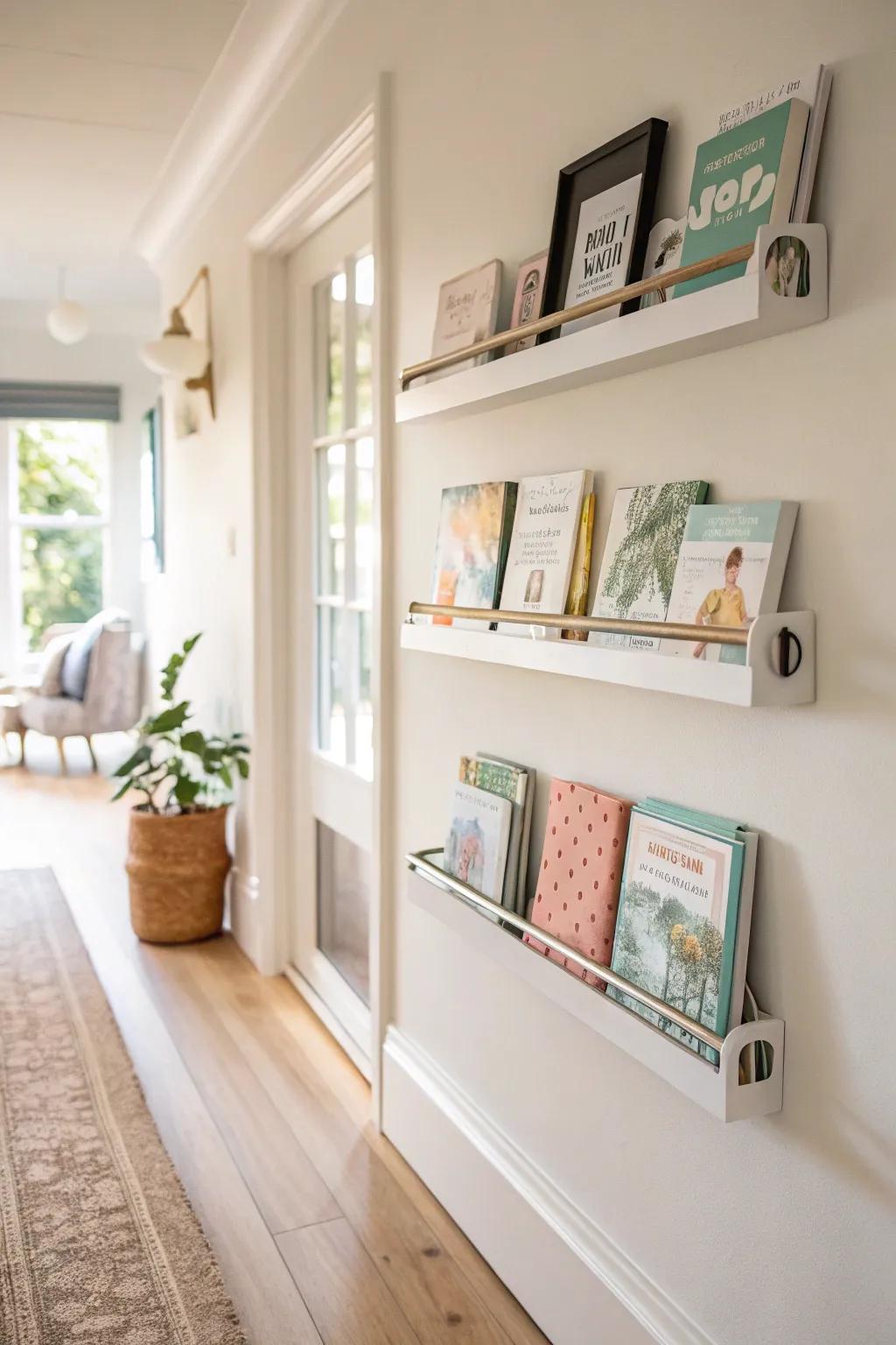 DIY rain-gutter wall shelf turns a slim hallway nook into front-facing kids’ book storage.