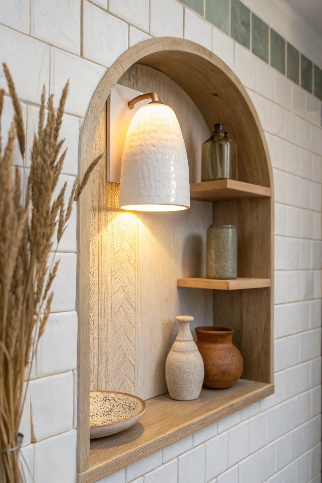 A warm ceramic sconce turns a small kitchen alcove into a cozy, glowing focal point.